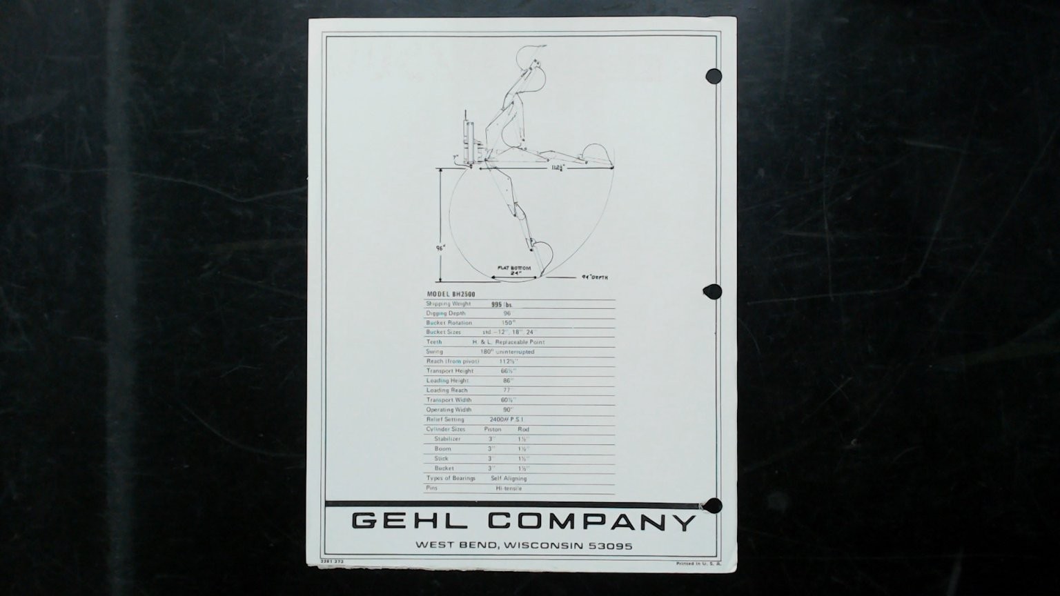 Gehl BH2500 Agricultural Backhoe Brochure Vintage Black White