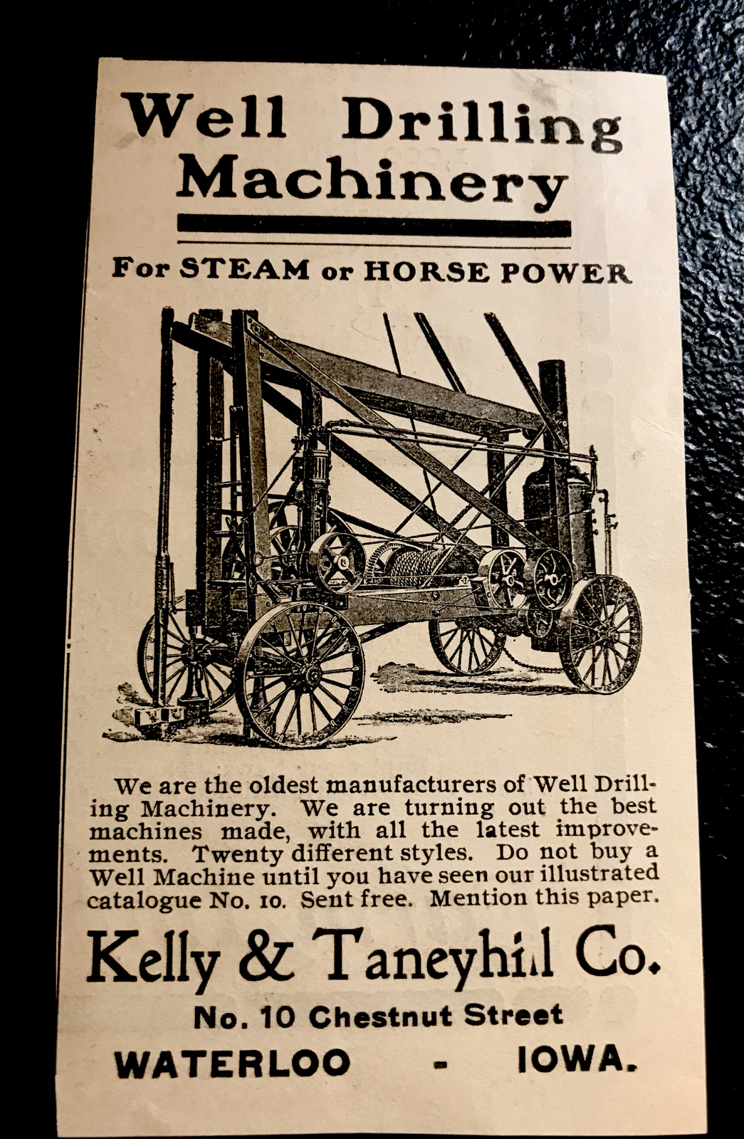 1902 Kelly & Taneyhill Well Drilling Machine Farm Advertising – Waterloo – Iowa
