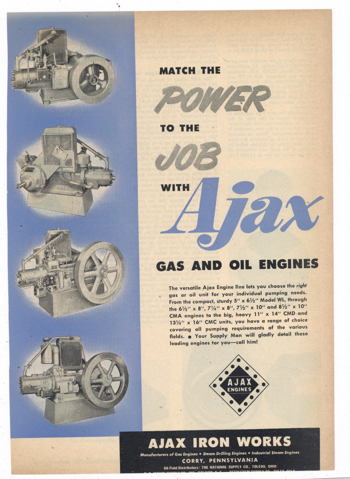 1953 Ajax Iron Works of Corry, Pennsylvania Ad: Gas & Oil Engines Pictured