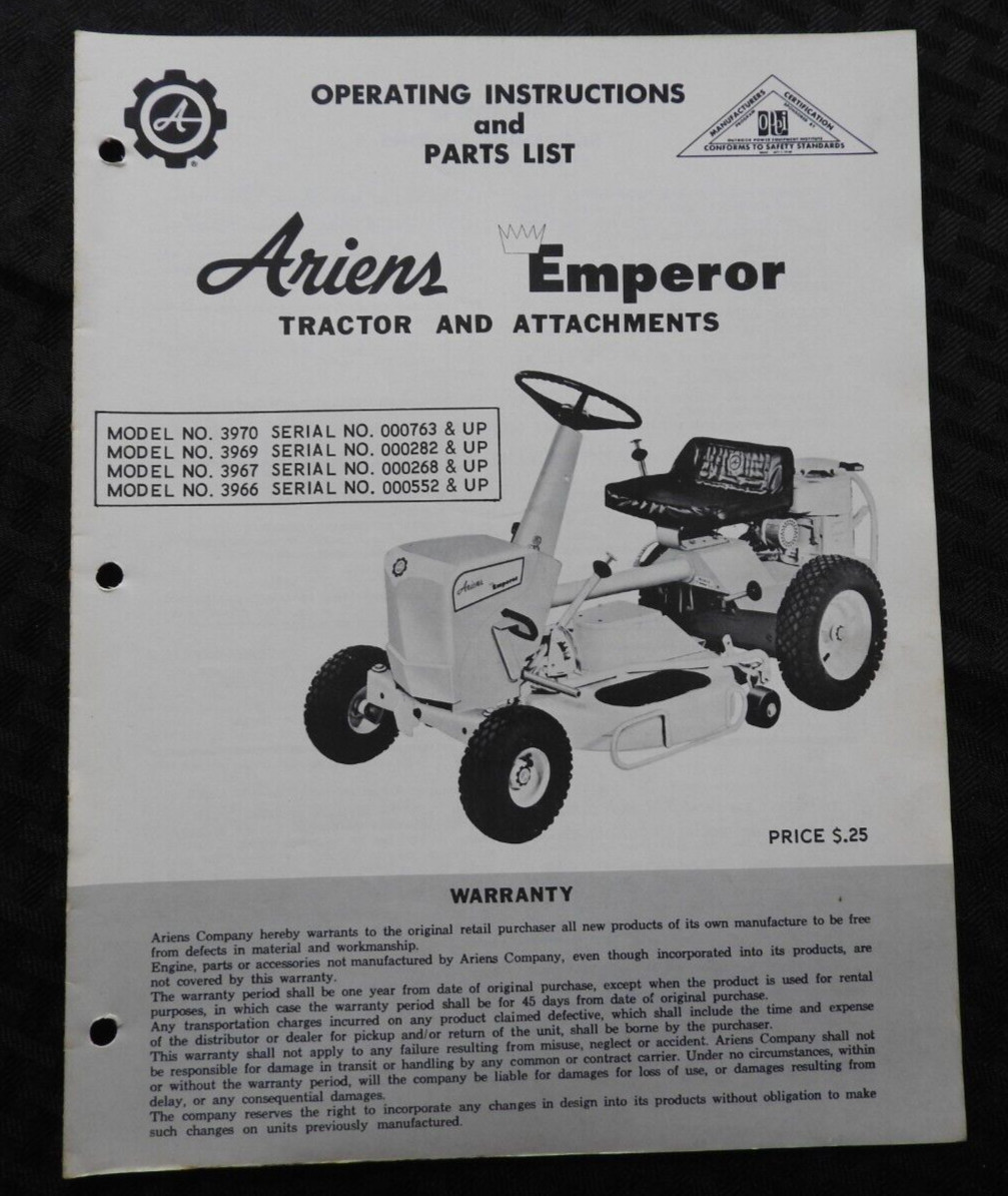 ORIG 1969-1972 ARIENS Emperor 7 Riding Lawn Mower Tractor Parts Operators Manual