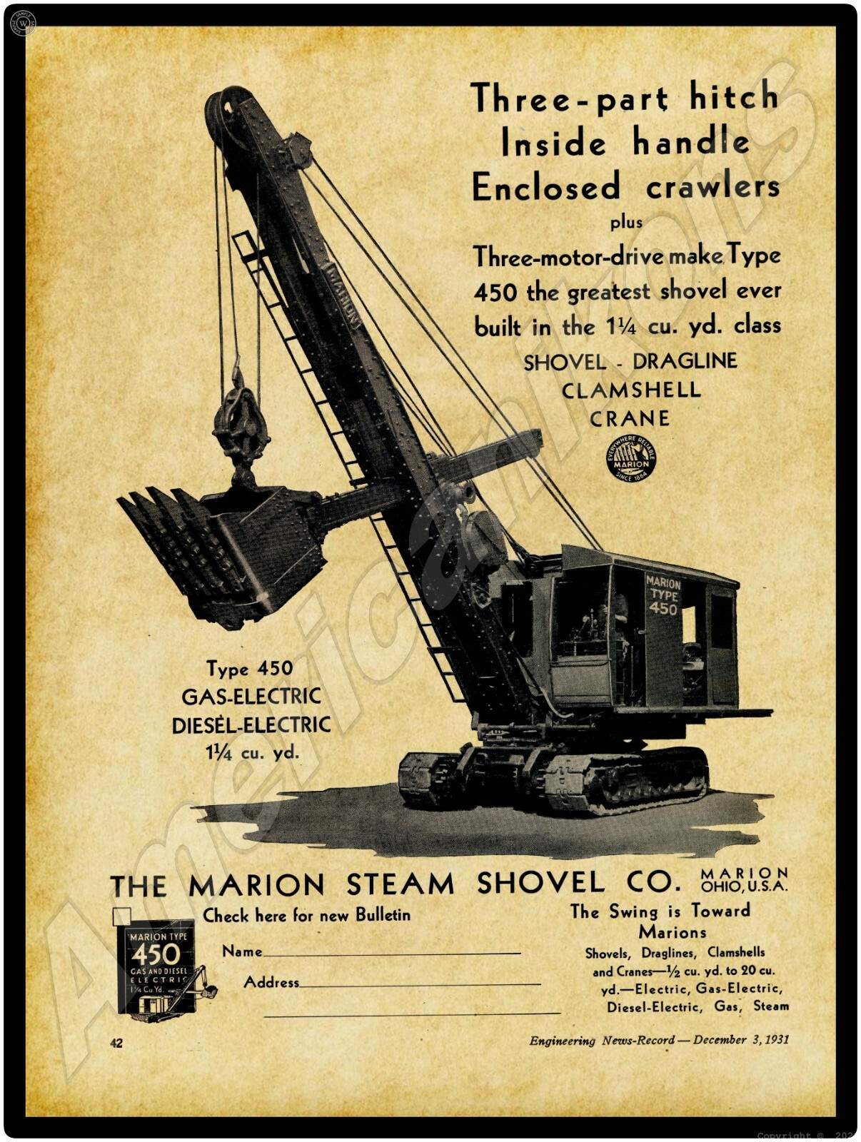 1931 Marion Steam Shovels New Metal Sign: Type 450 Model – Marion, Ohio