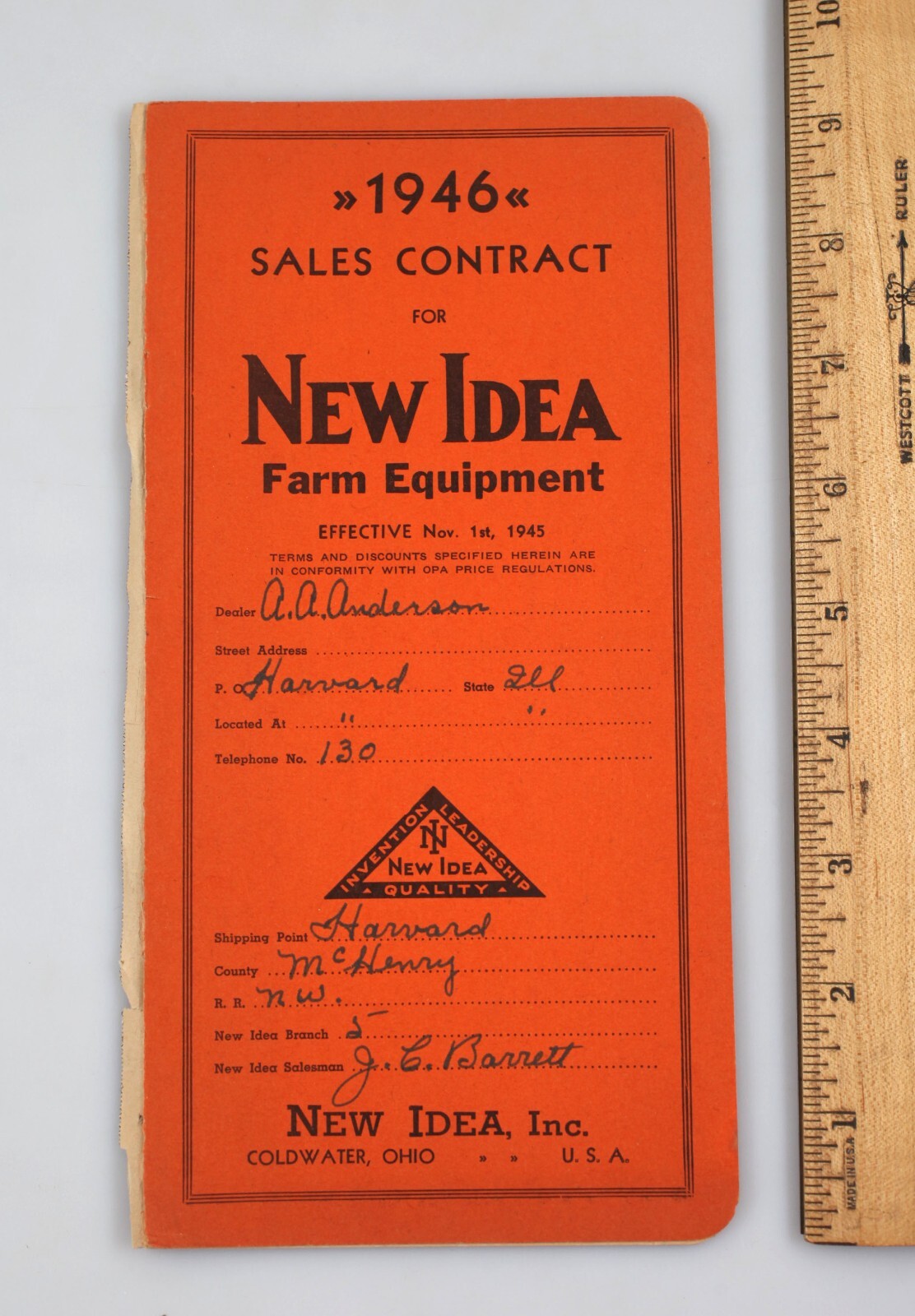 Vintage 1946 New Idea Farm Equipment Sales Contract Harvard Illinois