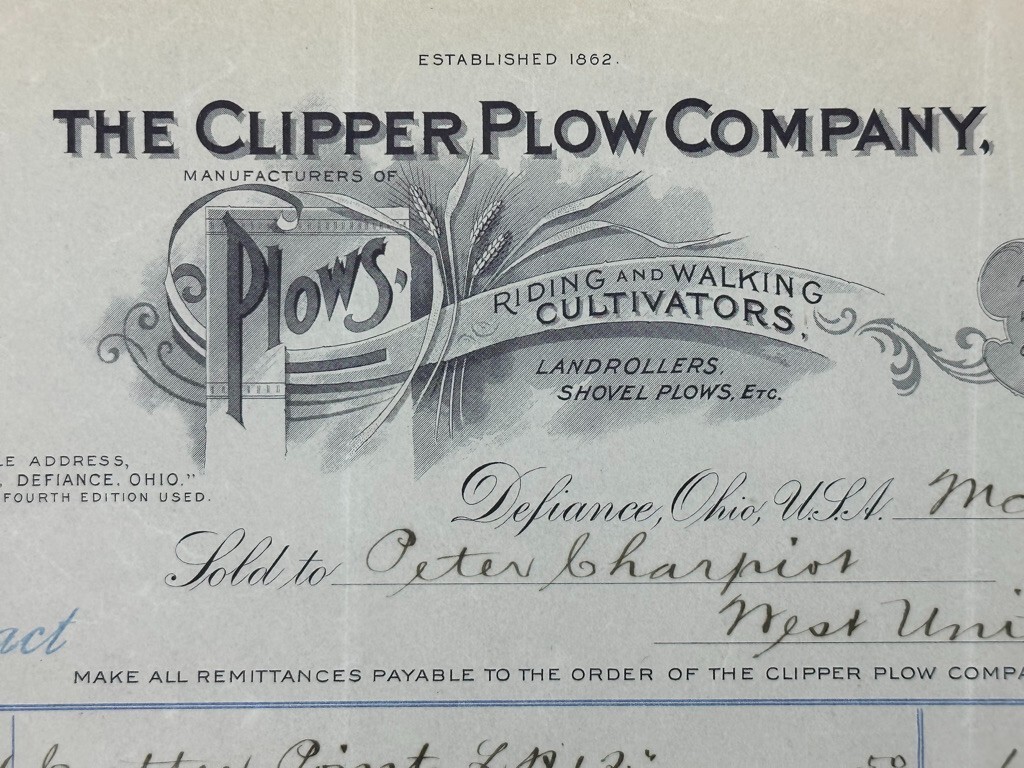 1903 CLIPPER PLOW Company Letterhead Bill Antique Farm Advertising DEFIANCE OHIO