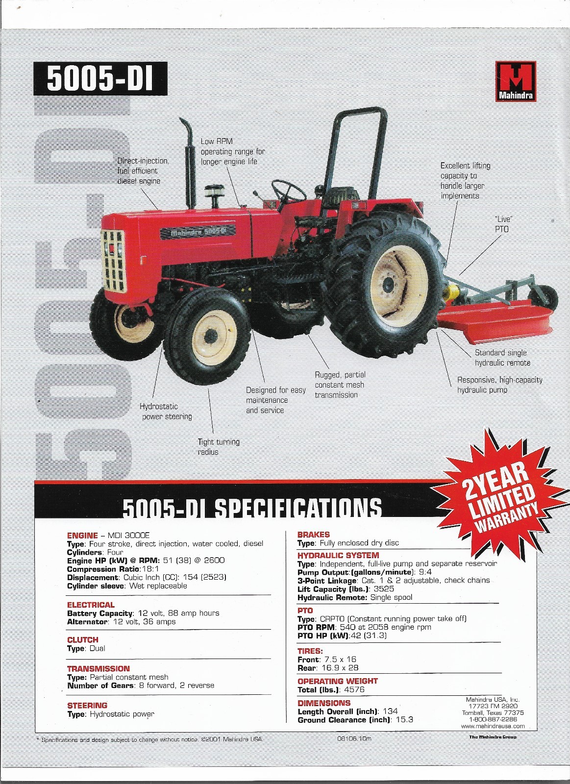 Original OEM Mahindra 5005-DI Tractor Sales Brochure Spec Specifications Sheet