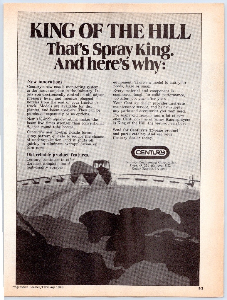 Century Spray King Sprayer Farm Tractor Boom Cedar Rapids IA 1978 Print Ad