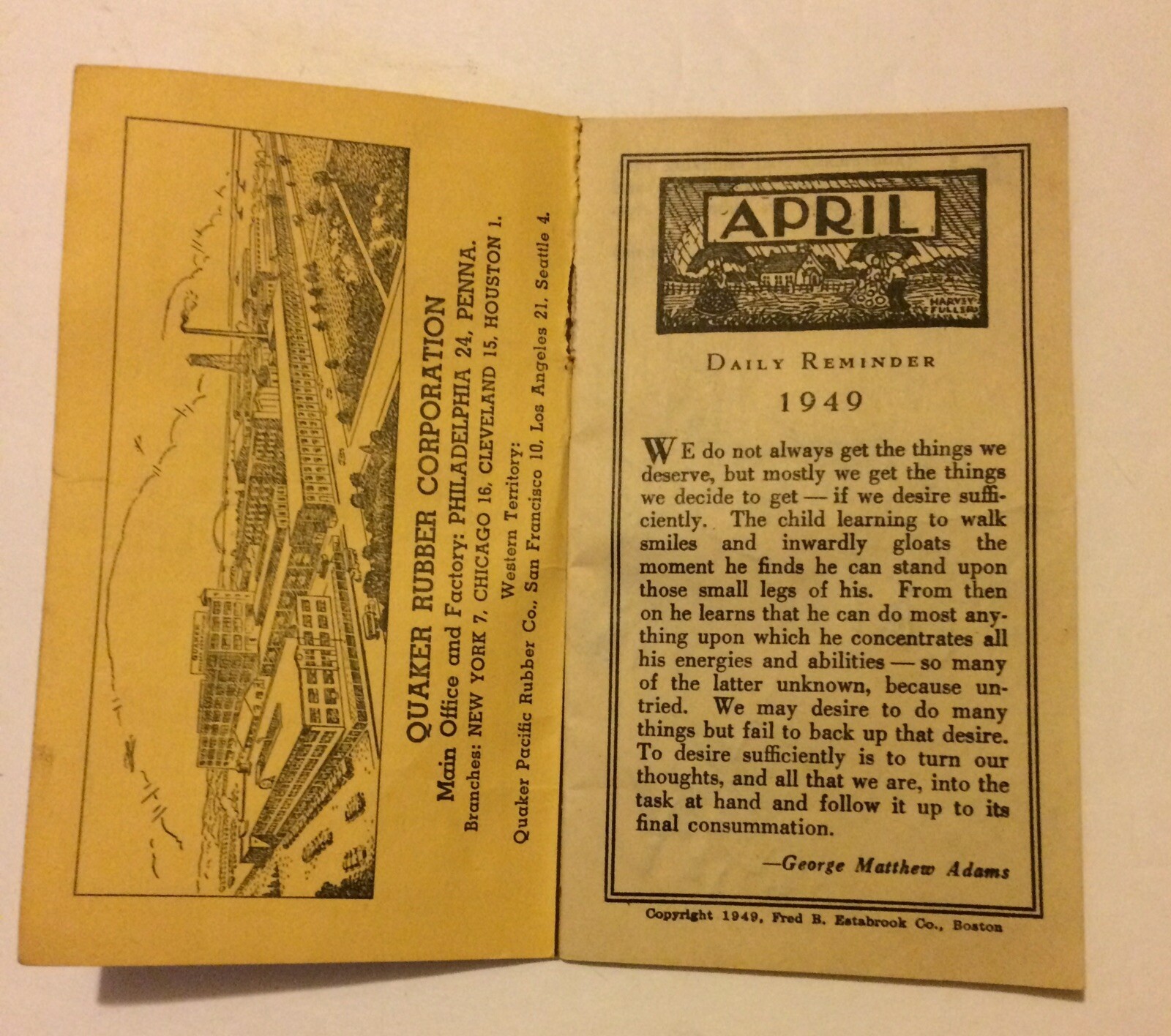 1949 « Your Quaker Friendly Daily Reminder » Booklet Quaker Rubber Corporation