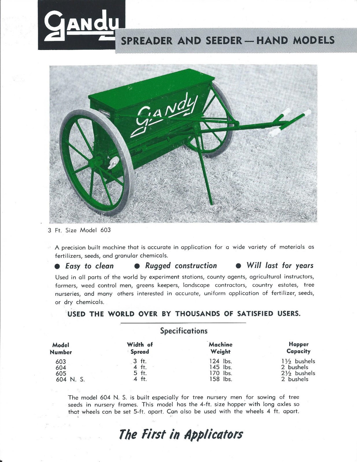 Farm Equipment Brochure – Gandy – 603 604 605 – Hand Spreader Seeder (F6007)