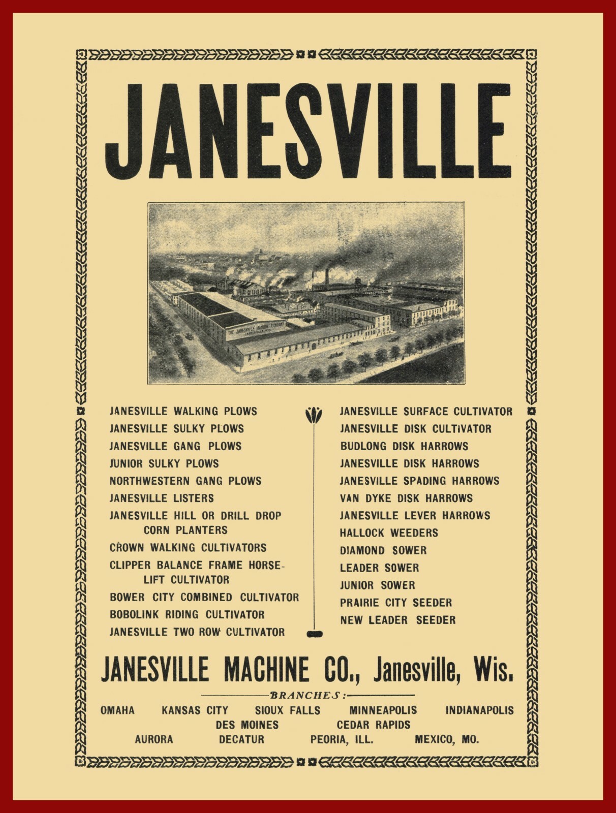 1905 Janesville Machine Co. NEW Metal Sign: Plows/Implements – Wisconsin