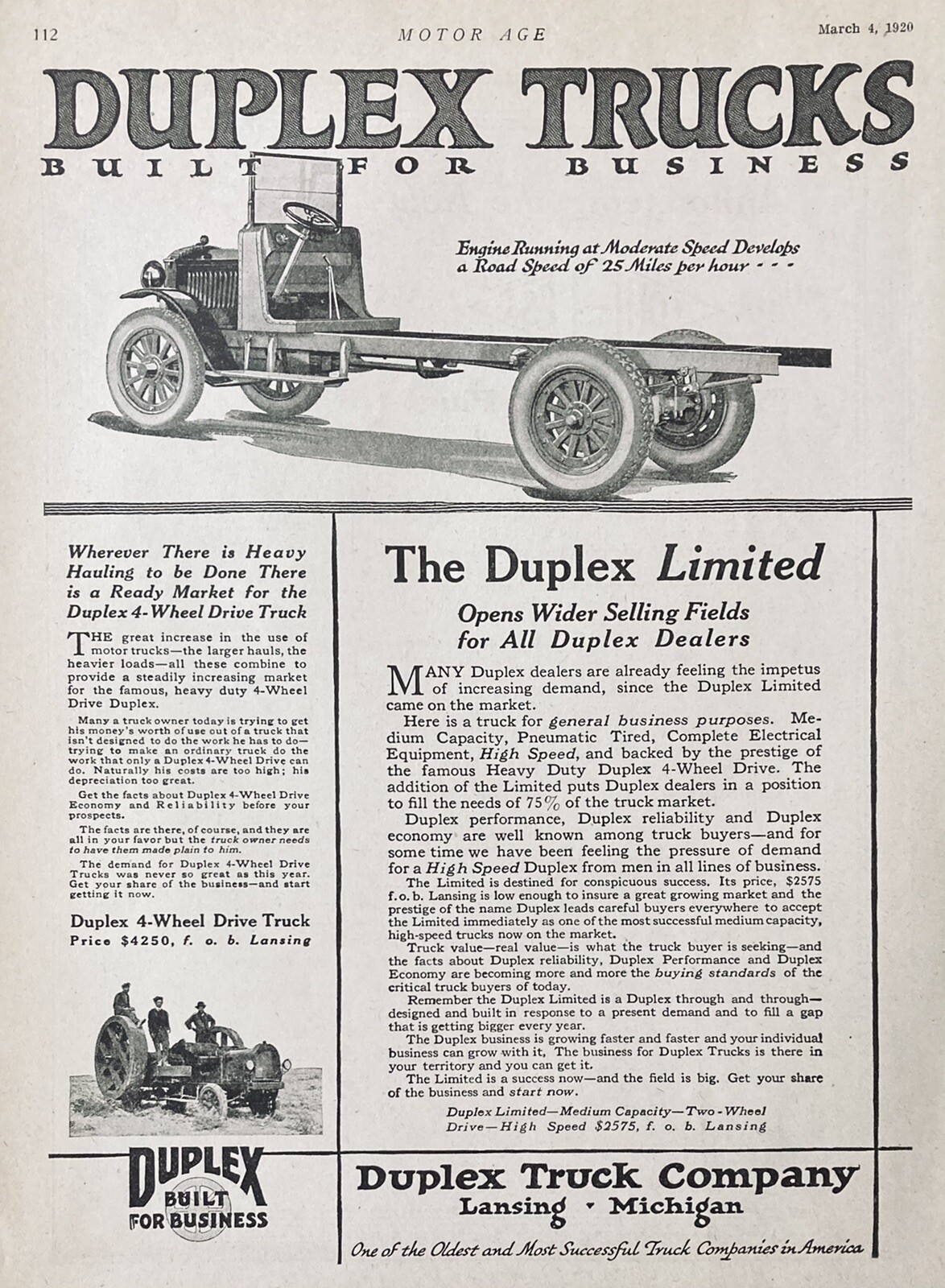 1920 AD.(XH39)~DUPLEX TRUCK CO. LANSING, MI. HIGH SPEED DUPLEX TRUCK CHASSIS