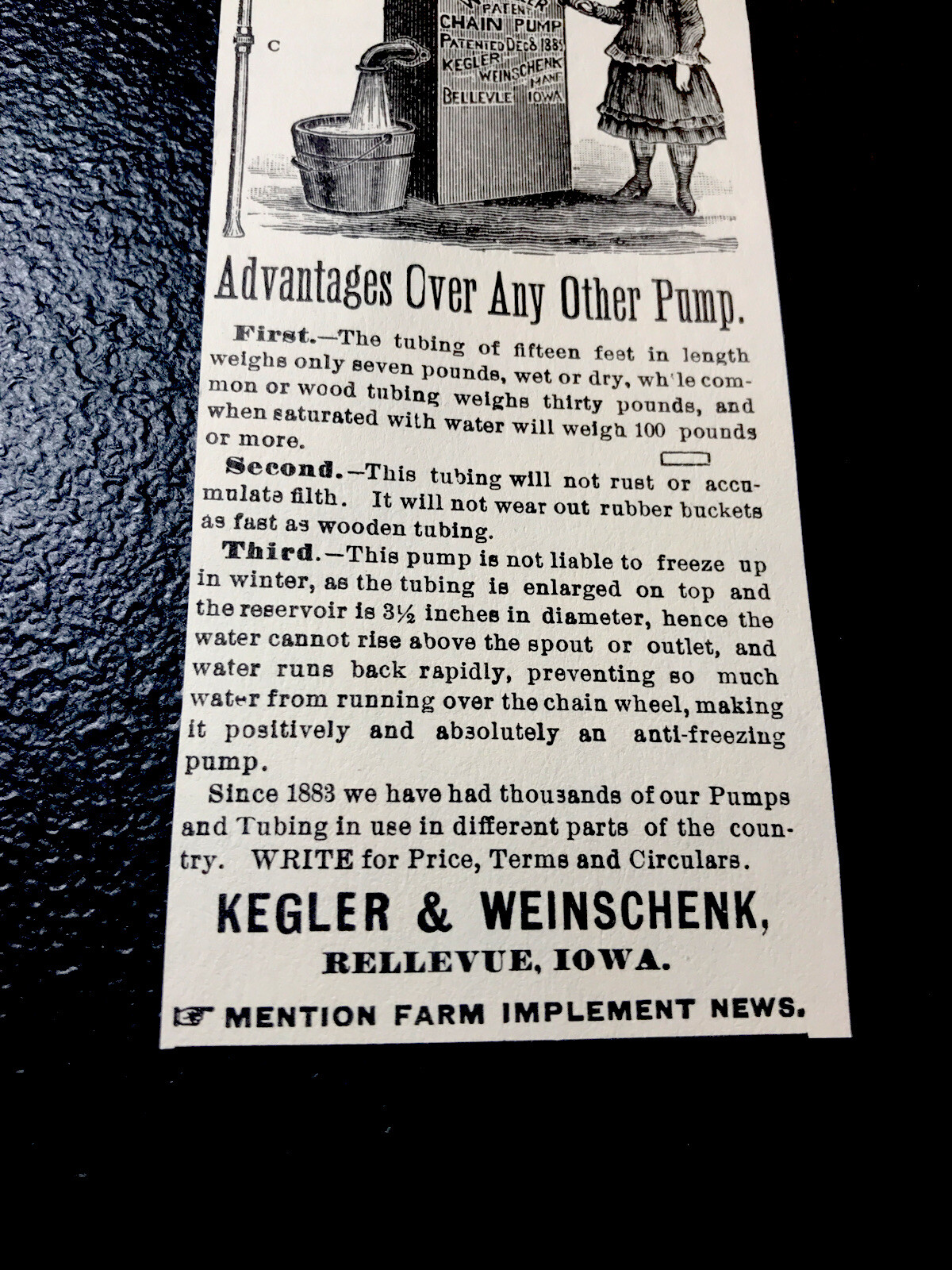 1889 Kegler Chain Pump Farm Advertising – Bellevue – Iowa