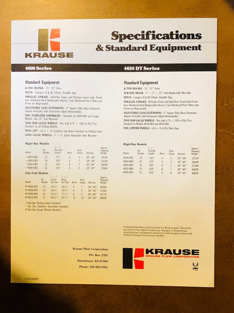KRAUSE 4600 4650 DT Series 4,6,8, & 12 Row Crop Cultivators Sales/Specs Brochure