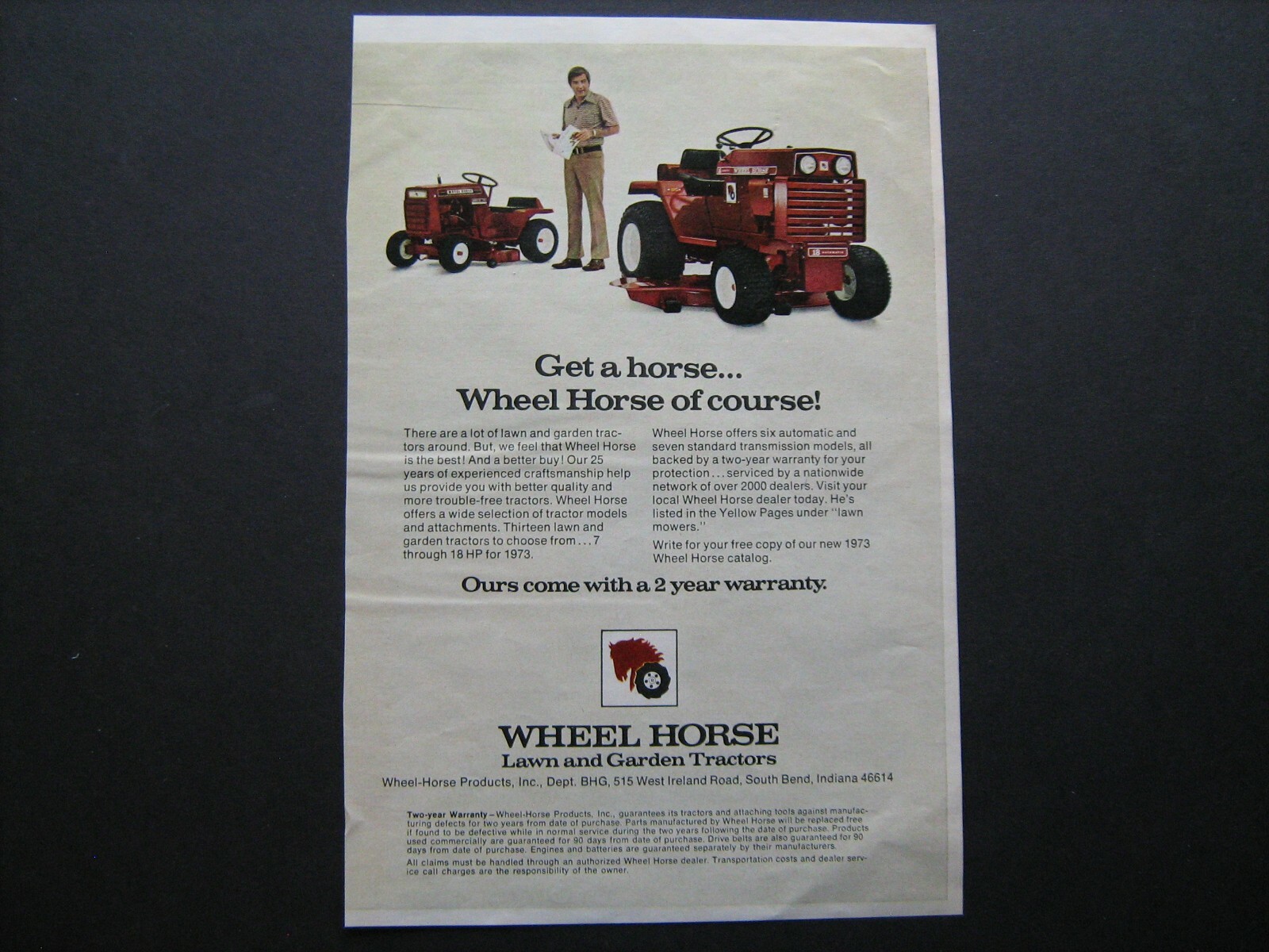 1973 Wheel Horse Garden & Lawn Tractor&rsquo;s w/mower deck-vintage &rsquo;73 ad from estate