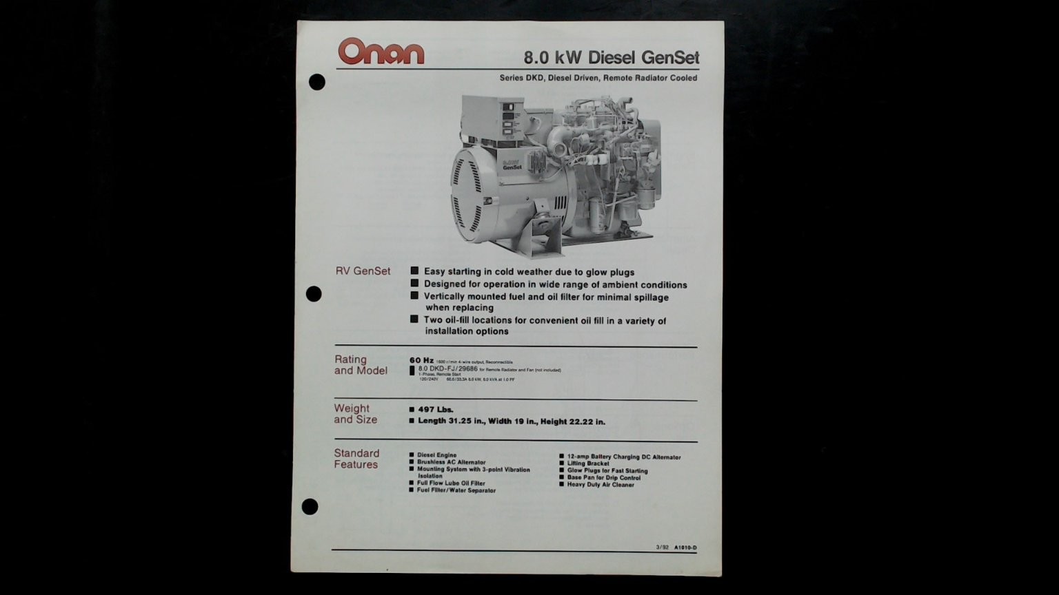 Onan 8.0 kW Diesel GenSet Brochure 1992 RV Generator Specs