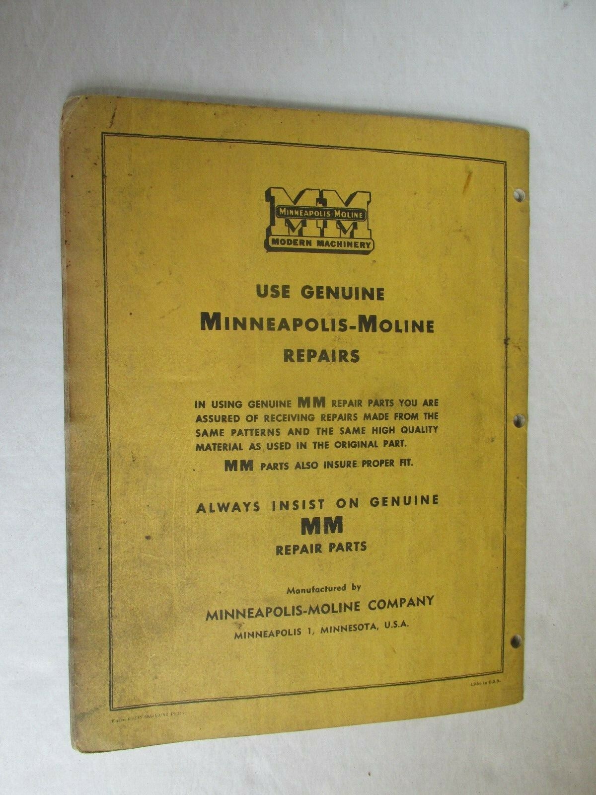 MBF89 Farm Manual Minneapolis Moline MM Repair Catalog MO Tractor mower 105 107