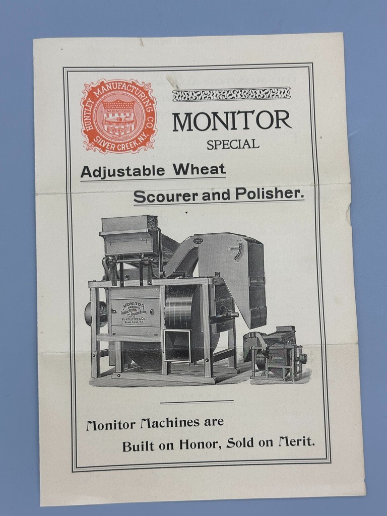 c 1900 HUNTLEY Mfg MONITOR WHEAT MACHINE Silver Creek NY Farm Advertising Antque