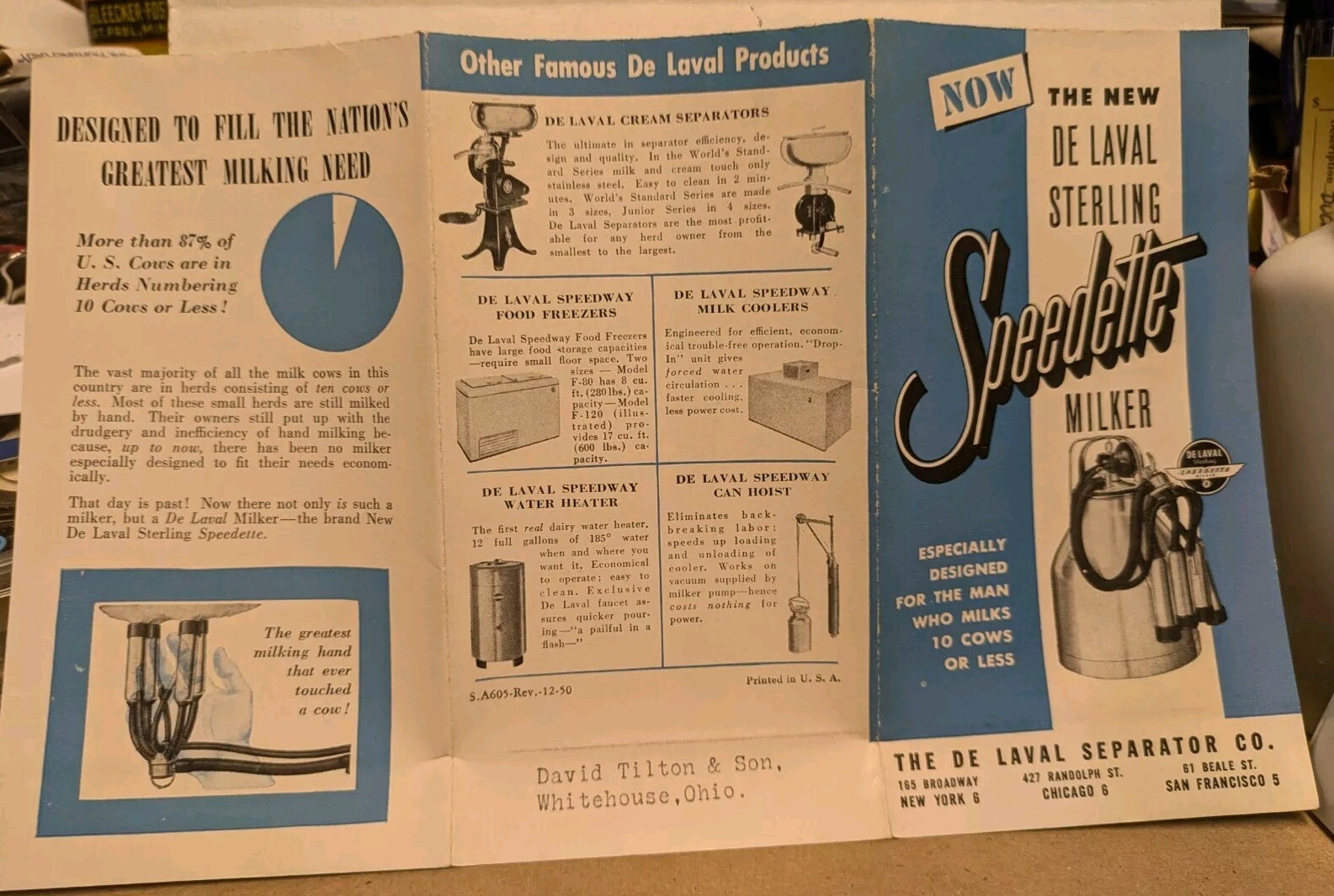 1950 New De Laval Sterling Speedette Milker Brochure Tilton & Son Whitehouse OH