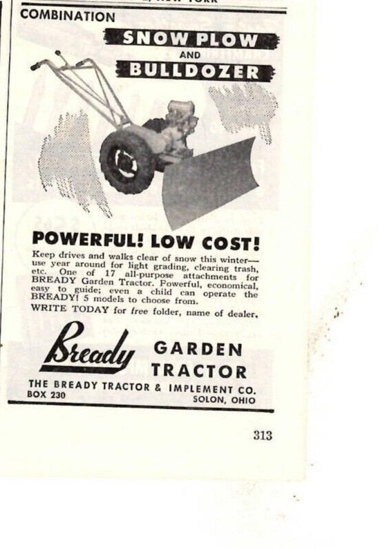 1951 Print Ad Bready Garden Tractor Combination Snow Plow and Bulldozer Powerful