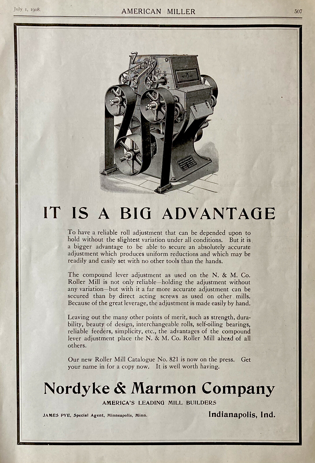 1908 AD.(XG18)~NORDYKE & MARMON CO. INDIANAPOLIS, IND. MILLING INDUSTRY ROLLERS