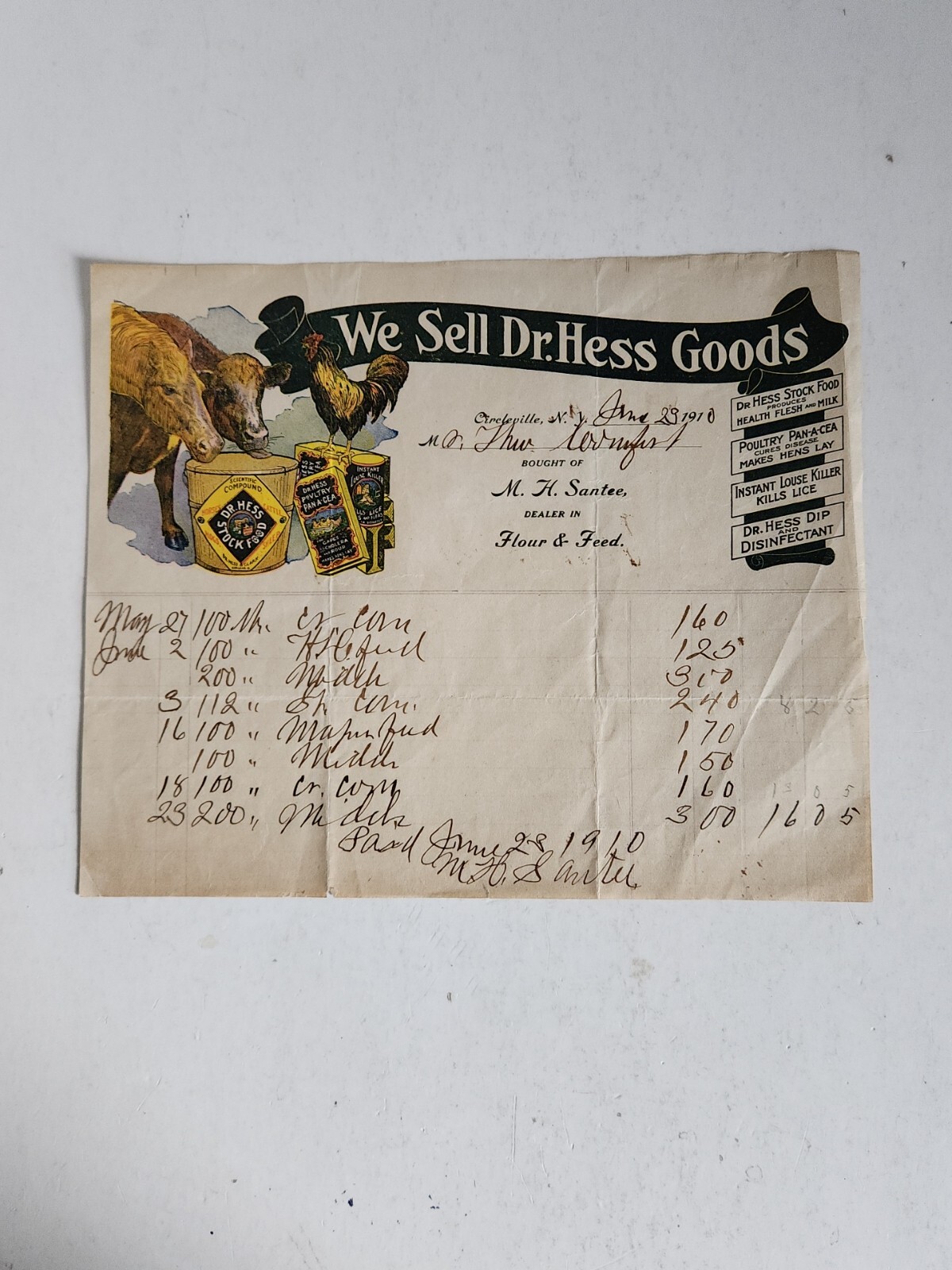1910 Letterhead Dr. Hess Goods Flour & Feed Farming Bill of Sale Circleville NY