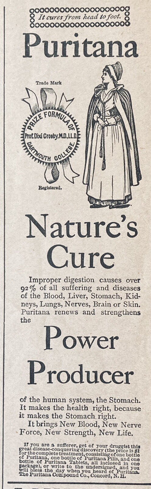 1896 AD.(XH45)~PURITANA COMPOUND CO. CONCORD, NH. NATURE’S DIGESTION CURE