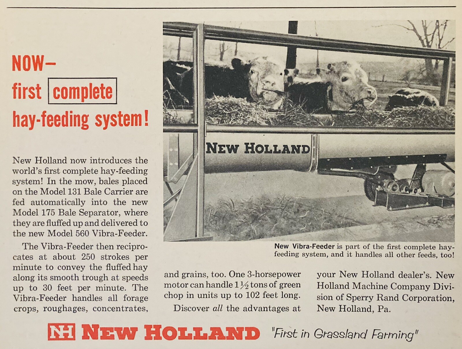 1962 AD.(XH56)~SPERRY RAND CO. NEW HOLLAND, PA. VIBRE-FEEDER HAY FEEDING SYSTEM