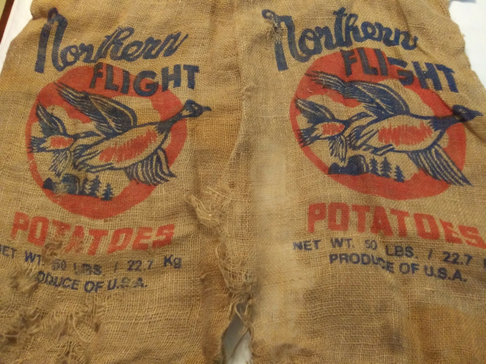 Vtg. (2) Minnesota Northern Flight Potato sacks burlap tattered torn 50 lbs