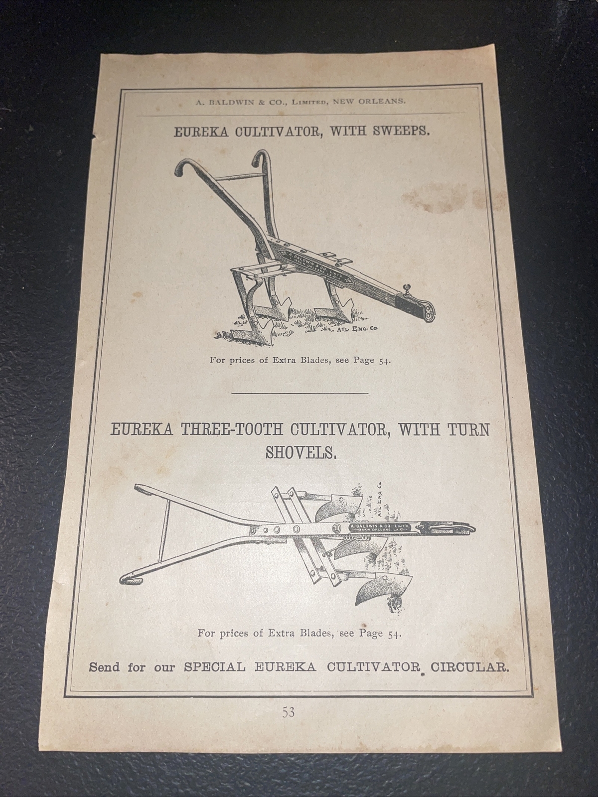 1891 Baldwin – Eureka Cultivator Farm Advertising – New Orleans – LA