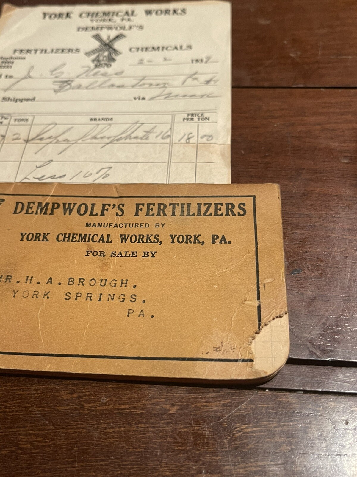 Dempwolfs Fertilizers advertising brochure and sales receipt