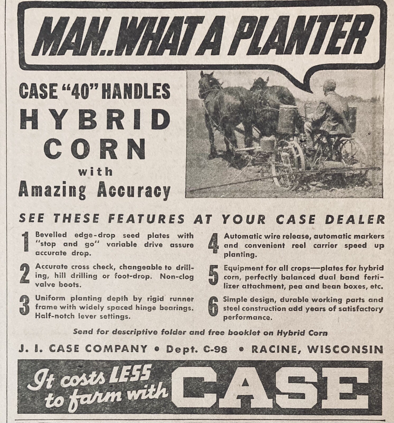 1938 AD.(XH18)~J.I. CASE CO. RACINE, WIS. CASE “40” CORN PLANTER