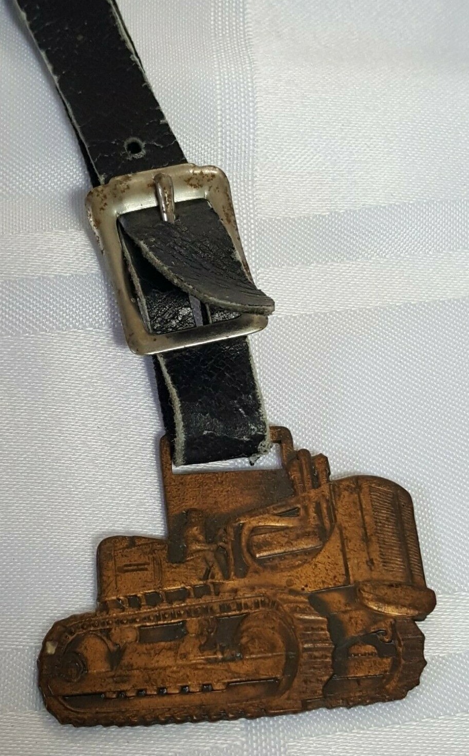 AC SHERIDAN EQUIPMENT FOB BADGE ON LEATHER STRAP AGRACULTURE FARM TRACTOR METAL
