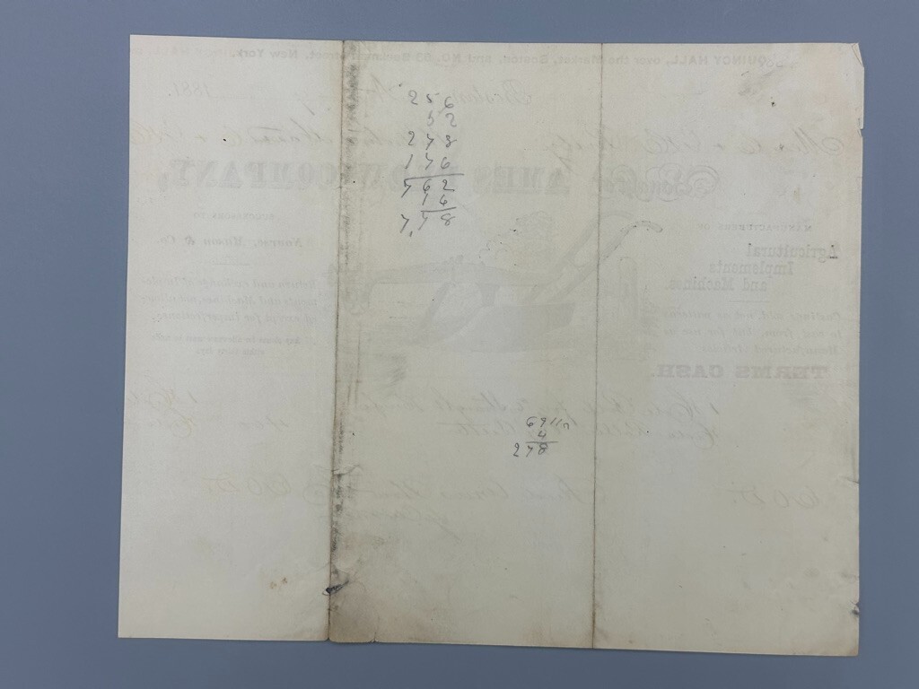 1881 AMES PLOW Company BOSTON Receipt Antique FARM Advertising