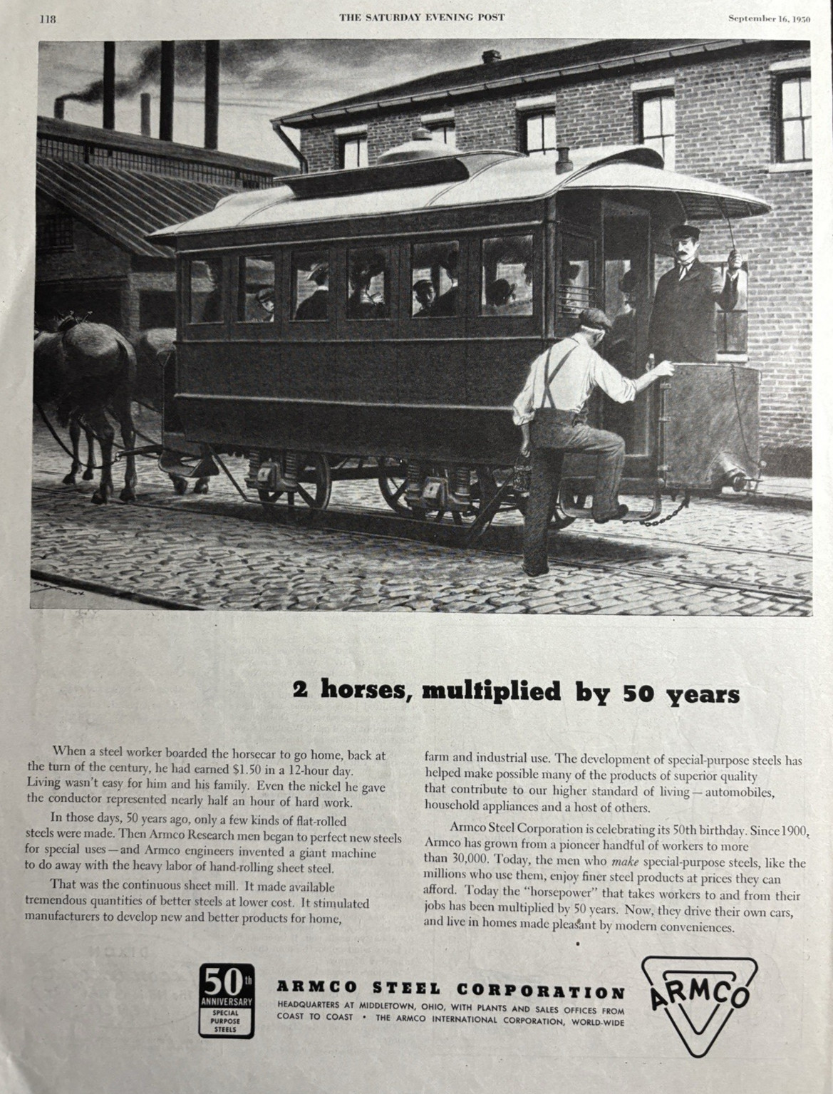 1950 ARMCO Steel Corp Middletown Ohio 2 Horses Horsecar Research VTG Print Ad