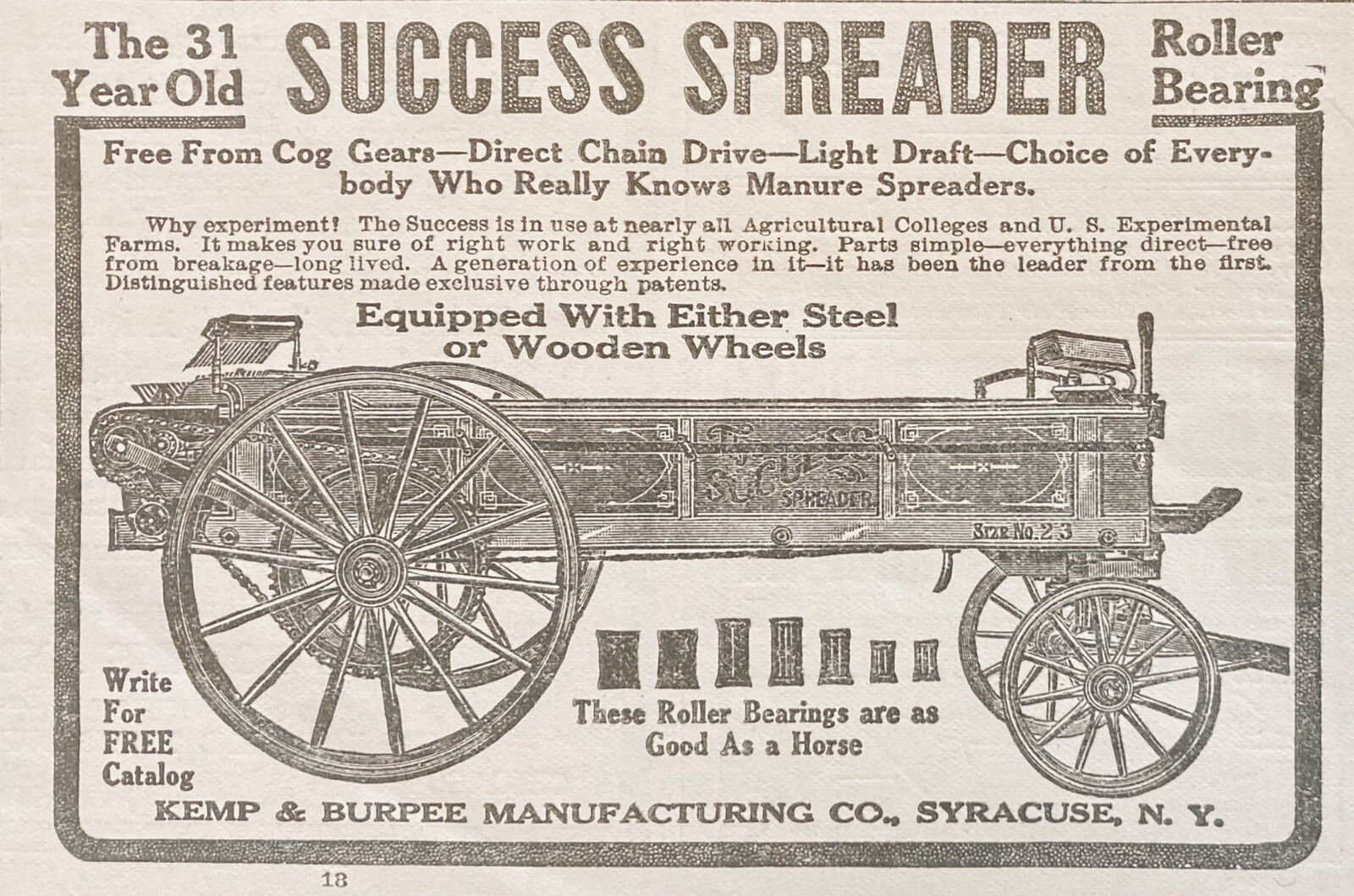 1909 AD.(XH10)~KEMP & BURPEE MFG. CO. SYRACUSE, NY. “SUCCESS SPREADER”