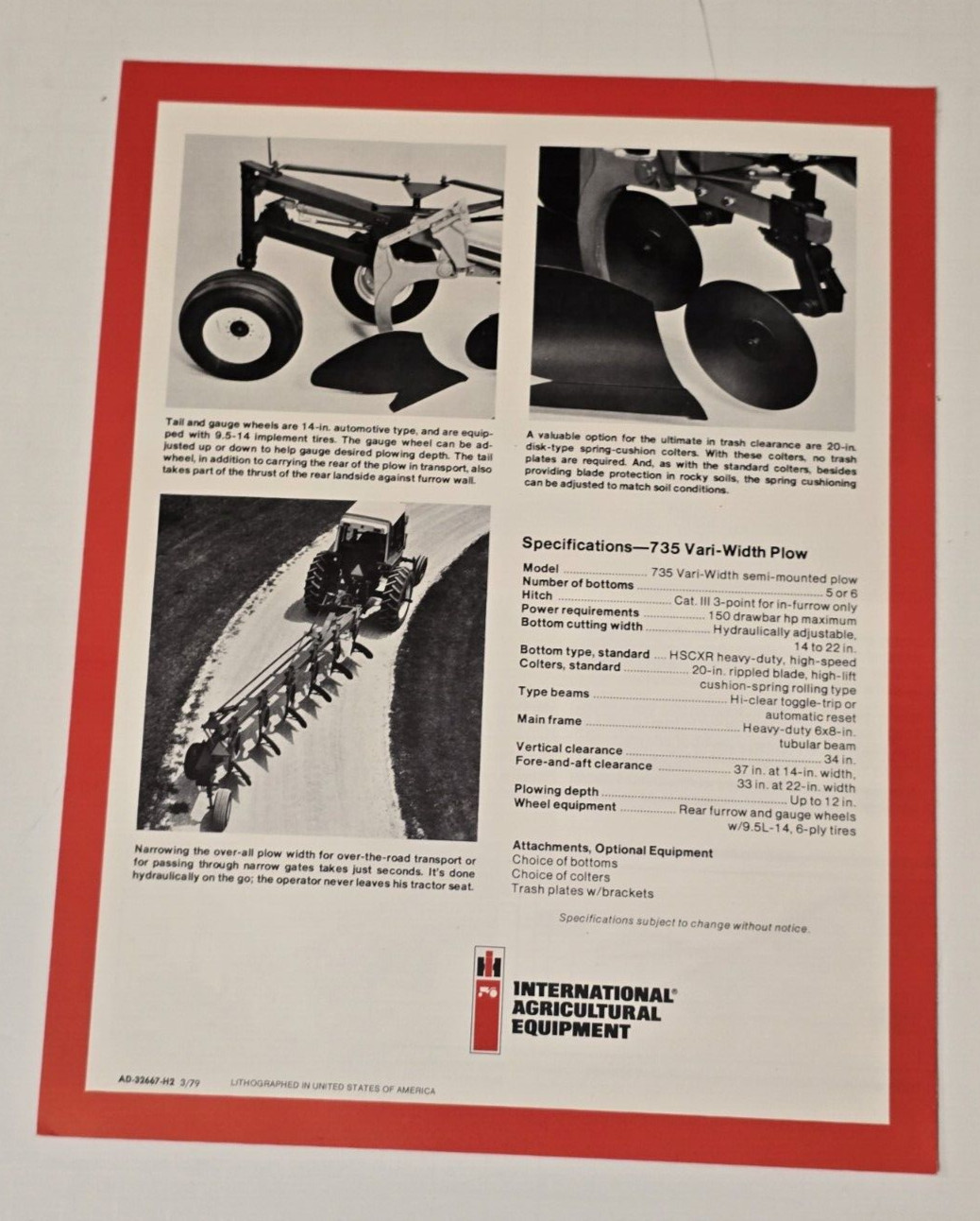 1979 735 Vari Width Plow Farm International Harvester Agricultural Equipment