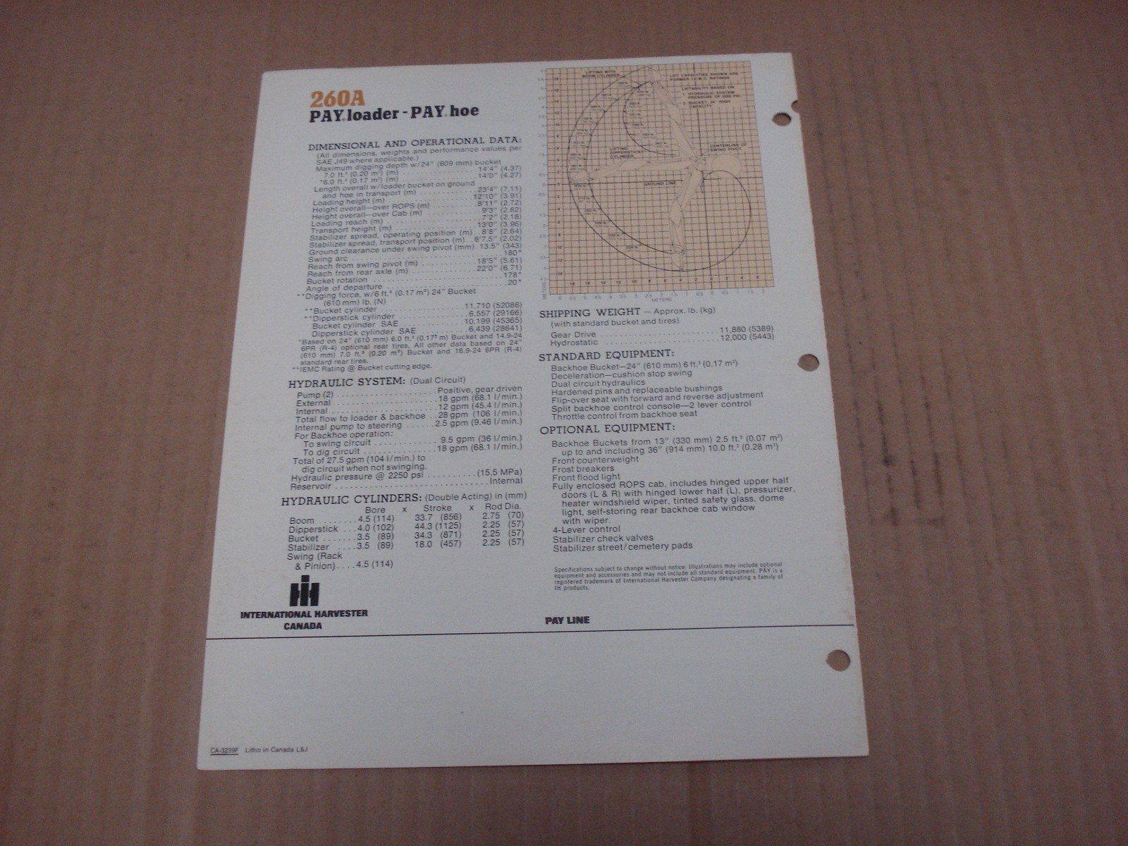 International 260A Pay loader Pay hoe Specifications Brochure