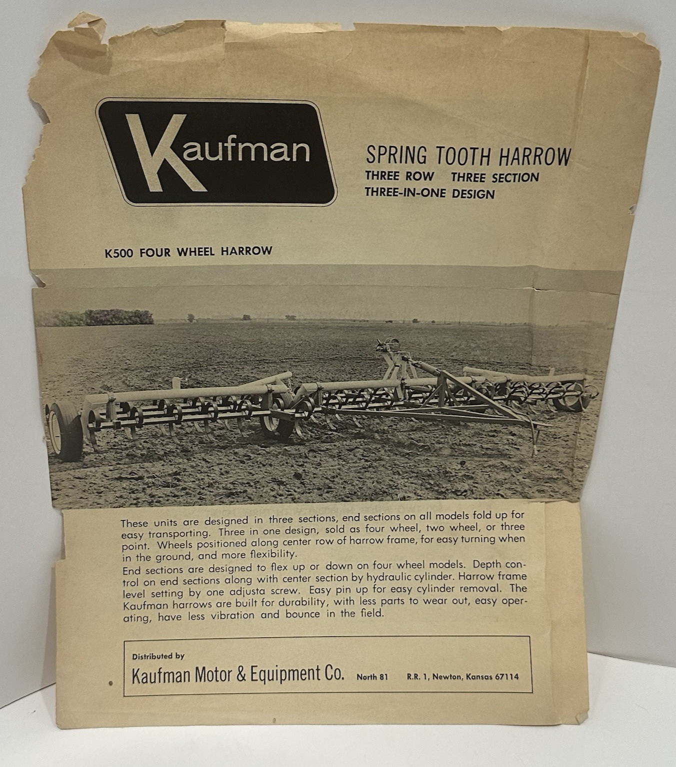 Vintage Kaufman Motor & Equip. Flyer Brochure Spring Tooth Harrow Newton KANSAS