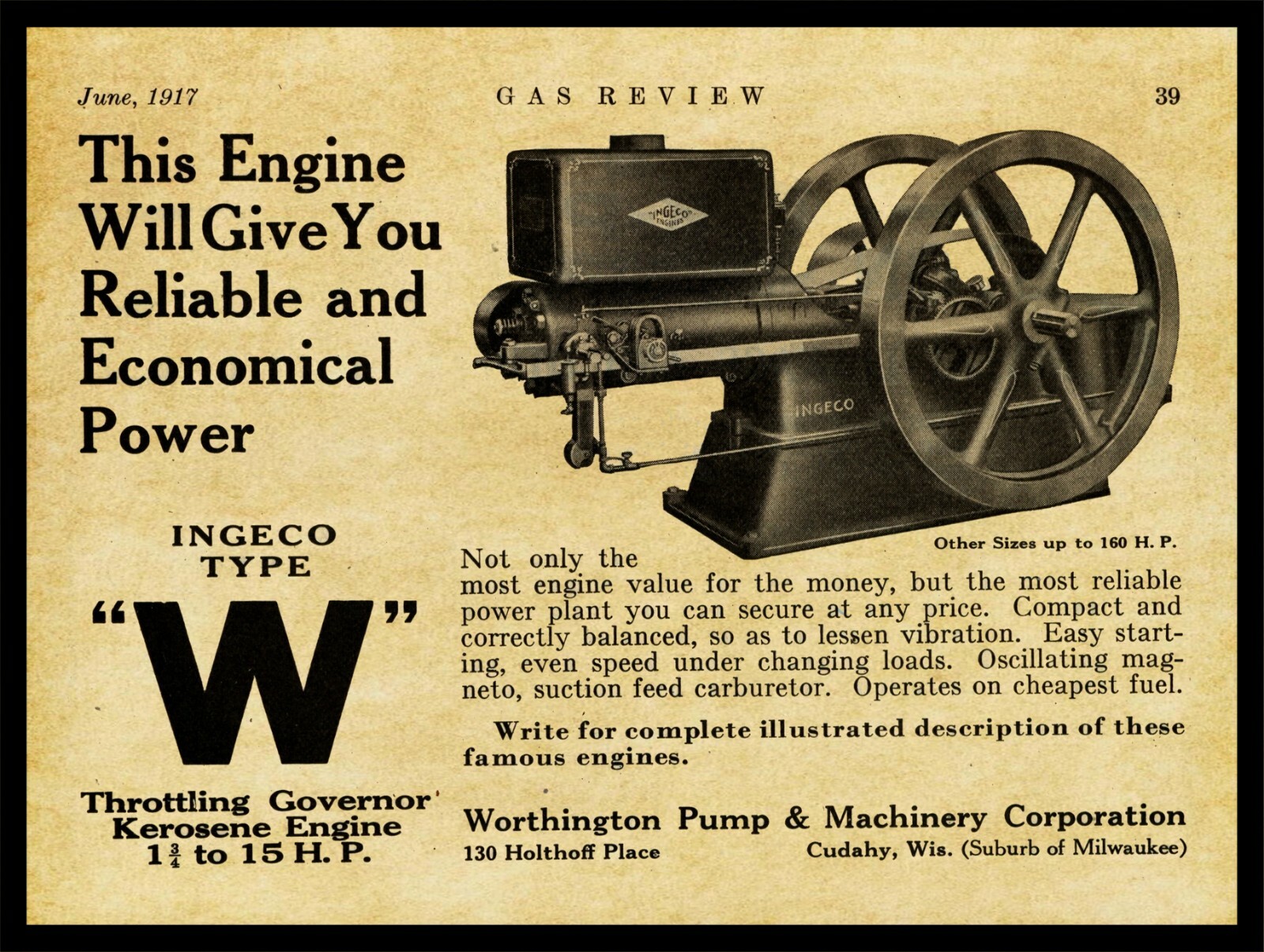 1917 INGECO Type W Engines, Cudahy, WI NEW Metal Sign – 24&Prime; x 30&Prime; STEEL – 7lbs.