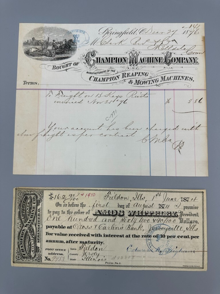 1874 CHAMPION Machinery FARM Promissory Note SPRINGFIELD OH Antique Advertising
