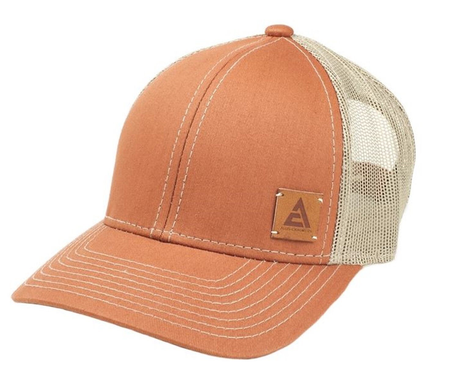 Allis Chalmers Burnt Orange Fabric Hat – White Mesh Back Faux Leather New Logo