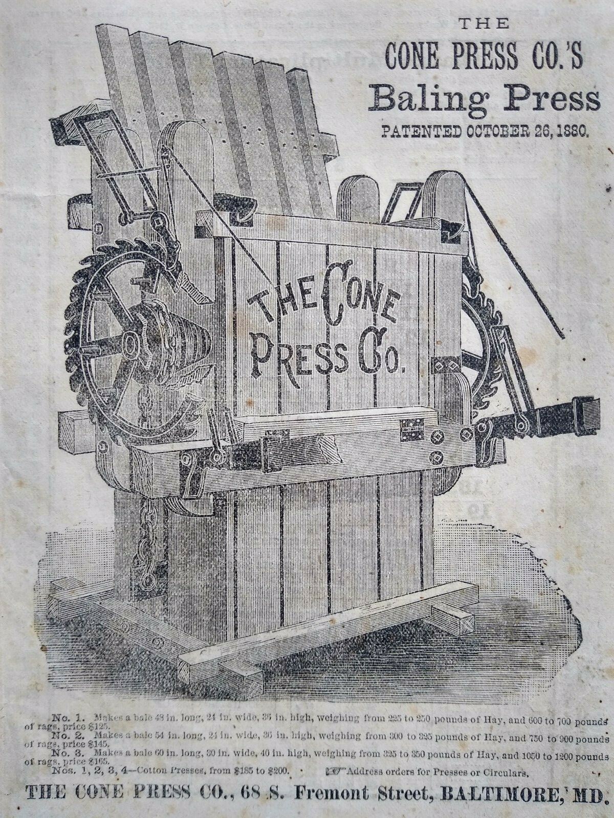 1882 Antique Hay Baler Engraving Art Farm Machinery Cone Press Co. Print Ad