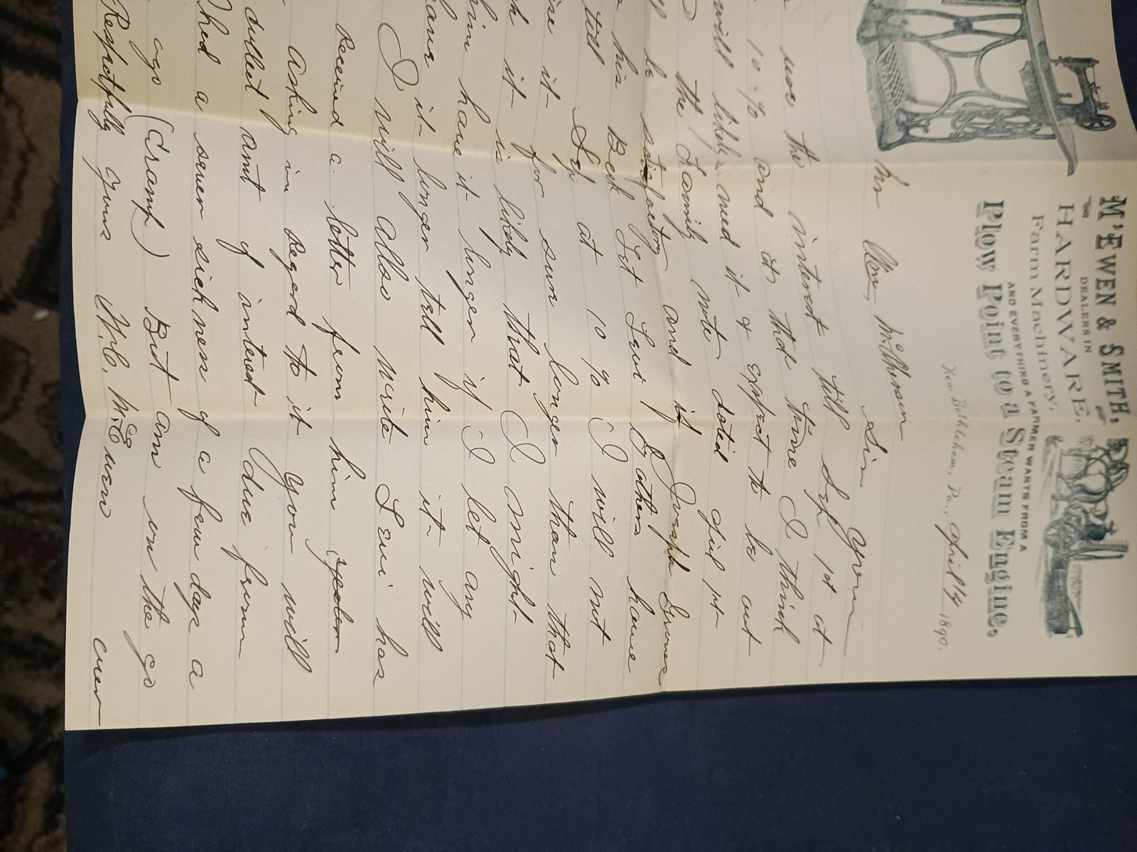 Vintage 1890 M&rsquo;EMEN & SMITH Farm Implements,Letter & Envelope