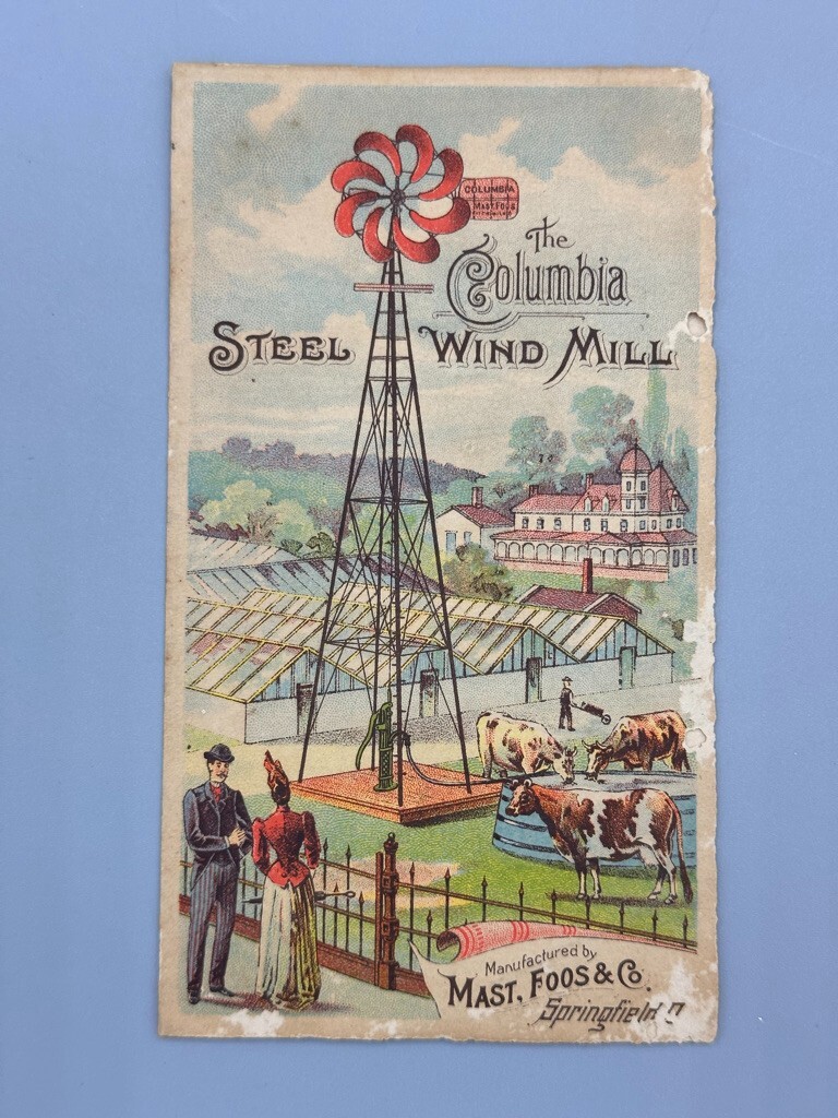 1880s COLUMBIA WINDMILL Mast Foos SPRINGFIELD OHIO Farm Advertising Trade Card