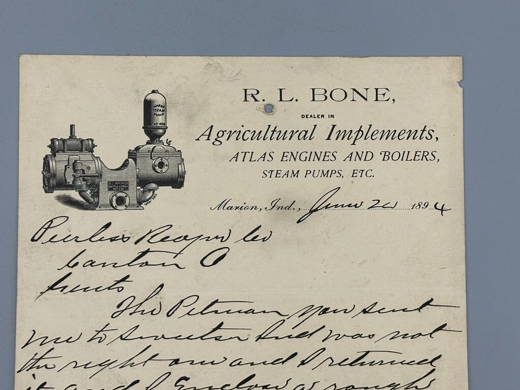1894 ATLAS ENGINES Steam Pump MARION Indiana RL Bone FARM Advertising Letter