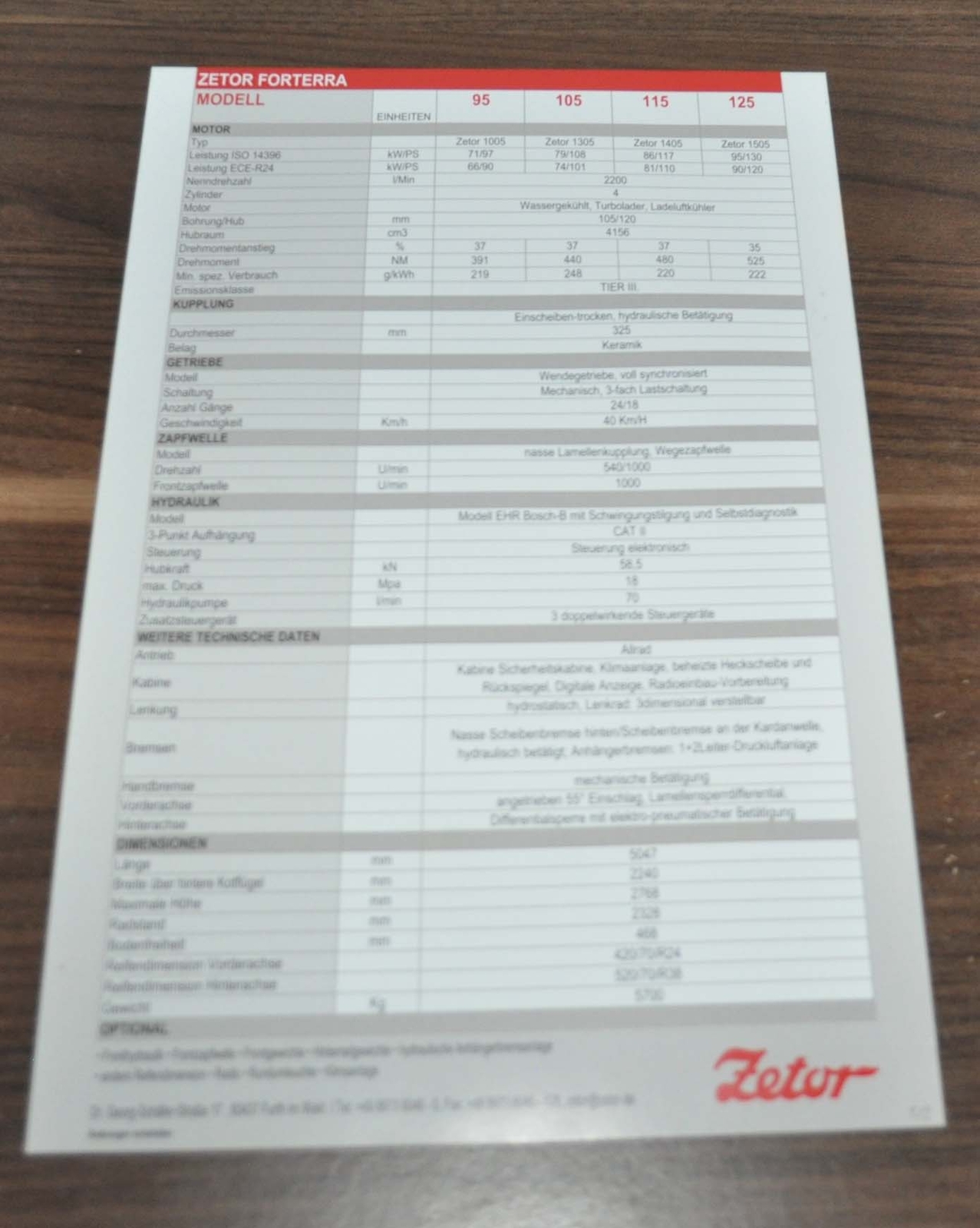 Zetor Forterra 95 105 115 125 Tractor Specification Brochure Prospekt