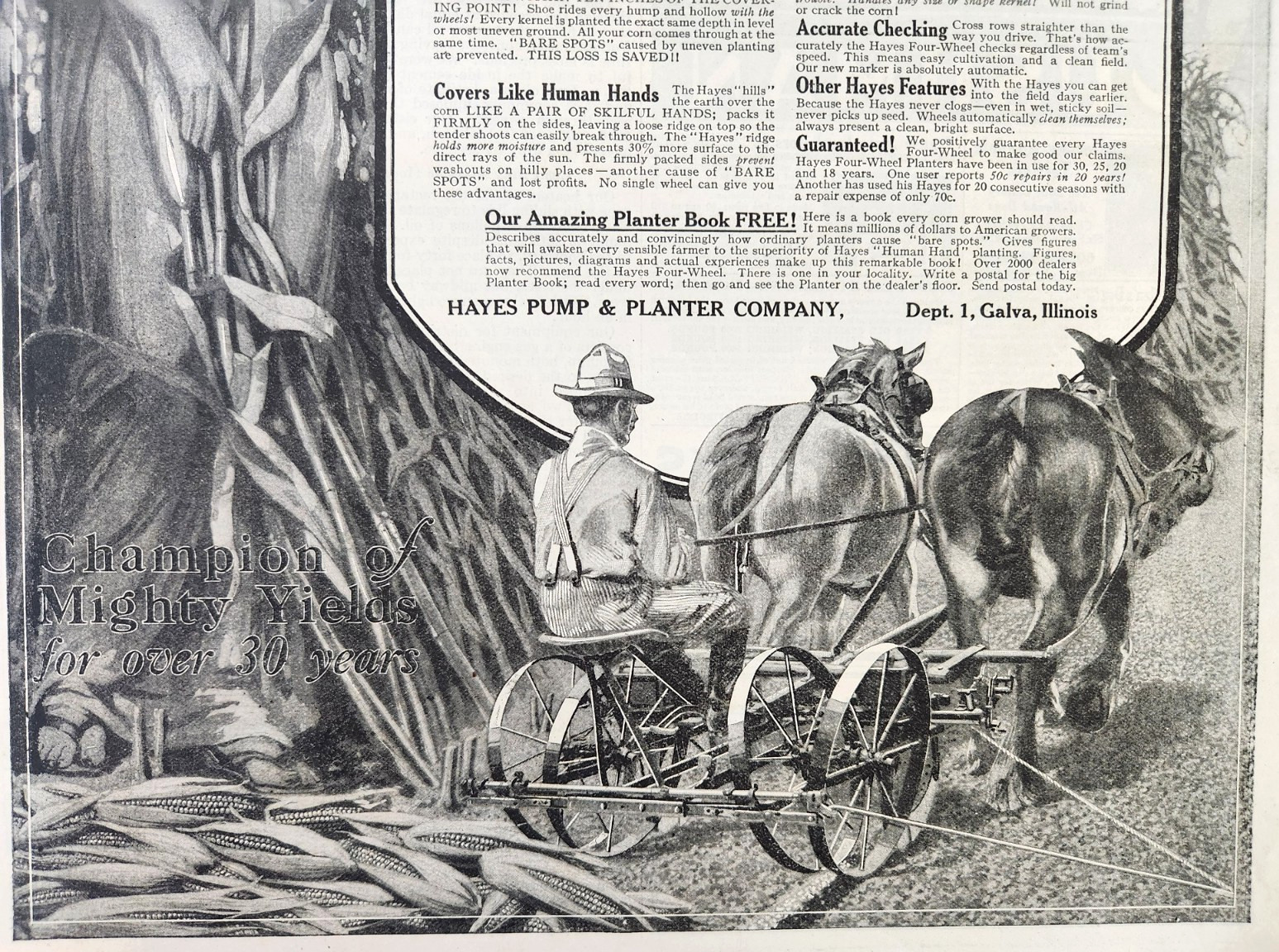 Farming Hayes Four Wheel Planter Galva Illinois Antique 1918 Magazine Print Ad