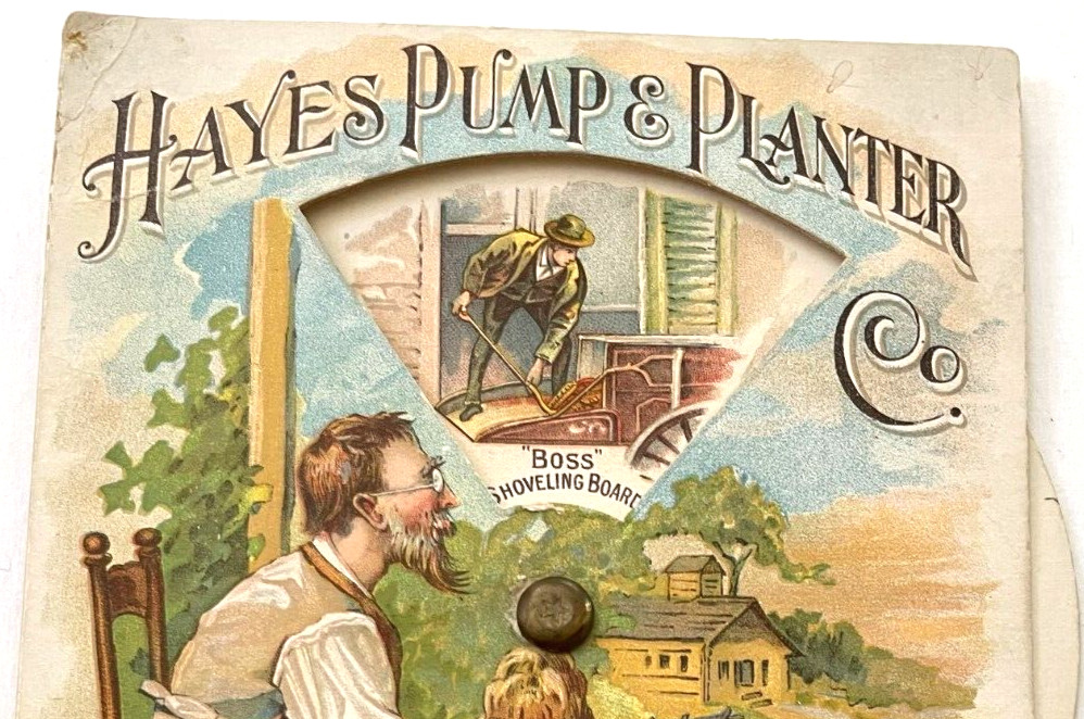 Clever Victorian Trade Card « Hayes Pump & Planter Co. » Wheel Showing Products *