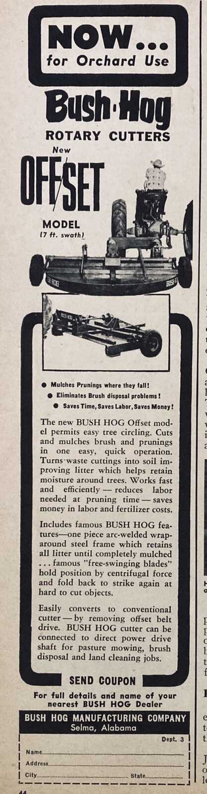 1957 AD.(XF17)~BUSH HOG MFG. CO. SELMA, AL. TBUSH HOG ROTARY CUTTERS