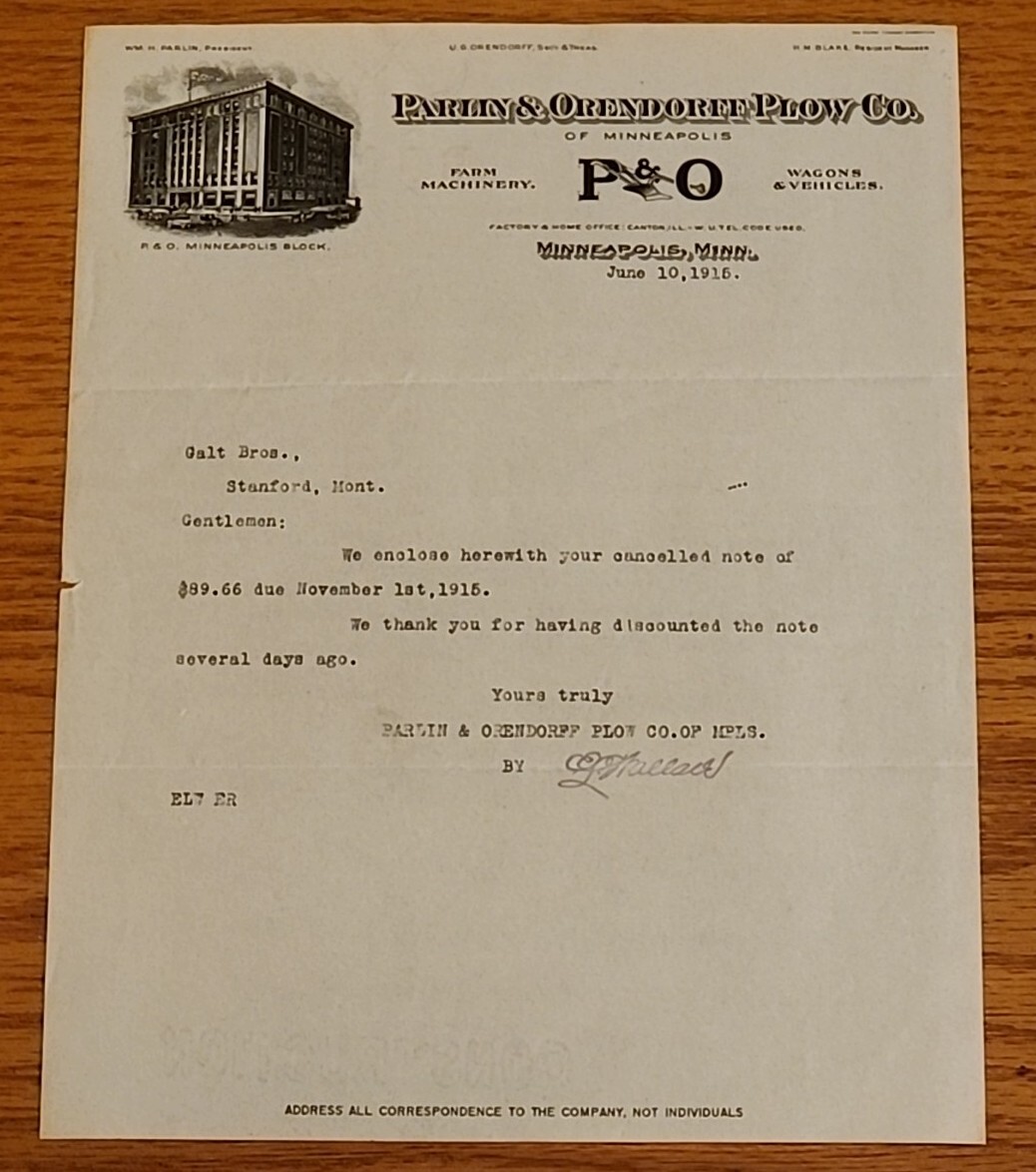 Parlin and Orendorff P&O Plow Co Letterhead 3x 1913 1915 1919