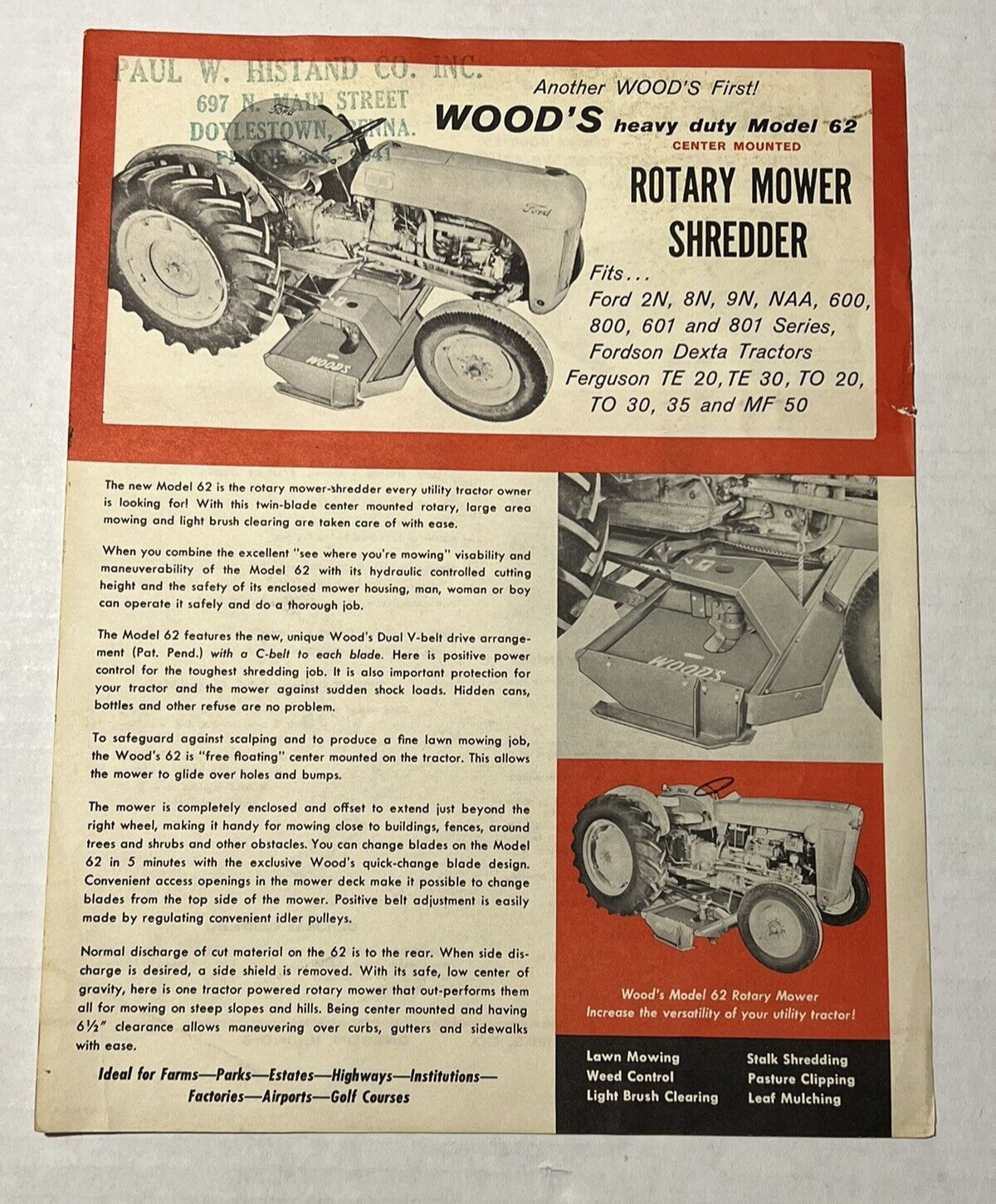 Wood&rsquo;s Brothers Rotary Mower Shredder Model 62 Dealer Sales Brochure