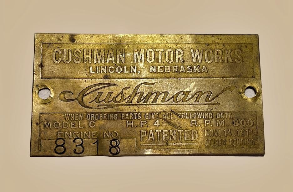 Antique Cushman Motor Works Lincoln, Nebraska Brass Nameplate circa 1910&rsquo;s